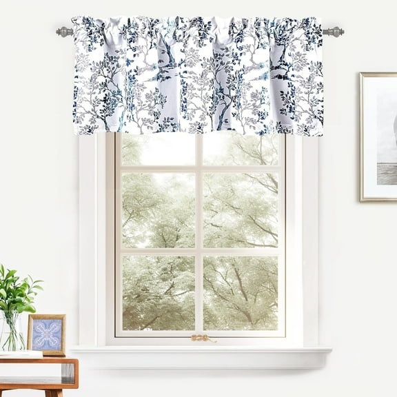 DriftAway  Carol Tree Branches Leaf Botanical Print Blackout Thermal Insulated Window Curtain Valance Rod Pocket - 52 x 18 Navy White