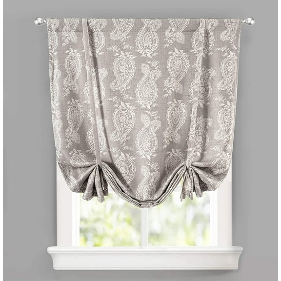 DriftAway Cathy Linen Textured Paisley Block Print Farmhouse and Modern Rustic Room Darkening Blackout Tie Up Adjustable Balloon Rod Pocket Curtain, 45" x 63", Gray