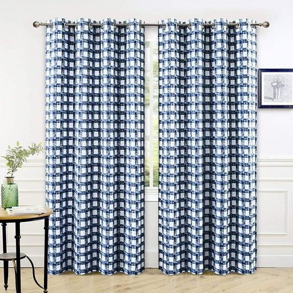 DriftAway Checked Plaid Farmhouse Lined Blackout Thermal Insulated Window Curtain, 2 Panels, 52" x 84", Navy Blue