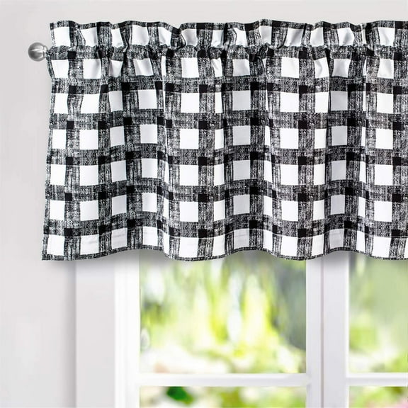 DriftAway Checked Plaid Printed Pattern Farmhouse Lined Blackout Thermal Insulated Energy Saving Rod Pocket Window Curtain Valance Single, 52" x 18" Plus 2" Header, Black White