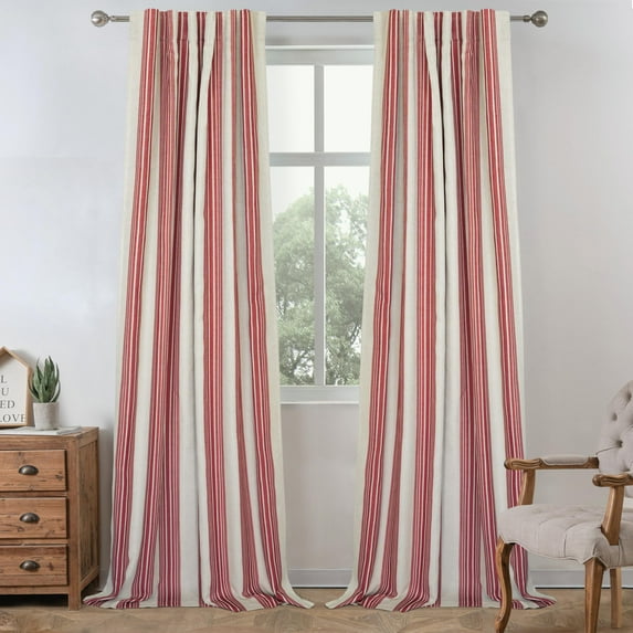 DriftAway Chris Linen Blackout Curtains with Thermal and Sound Reducing Layer 108 Inches Long for Bedroom Striped Printed Drapes Thermal Insulated Lined Window Treatments for Living Room Linen Red