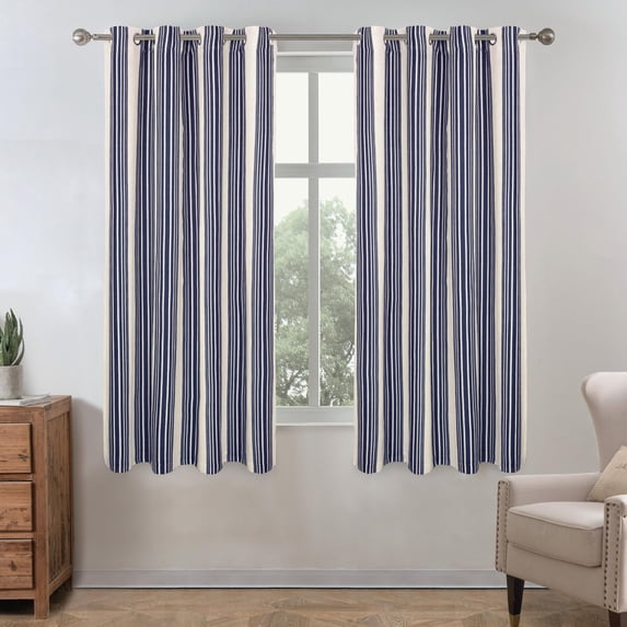 DriftAway Chris Linen Blackout Curtains with Thermal and Sound Reducing Layer 63 Inches Long for Bedroom Striped Printed Drapes Thermal Insulated Lined Window Treatments for Living Room Dark Blue