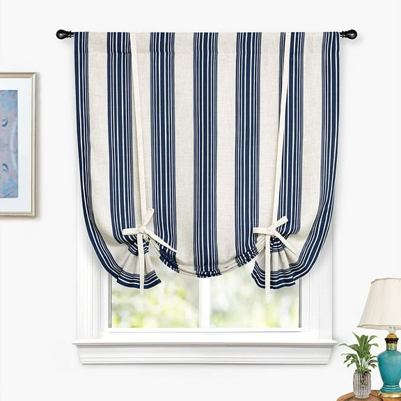 DriftAway Chris Vertical Striped Pattern Blackout Room Darkening Thermal Insulated Tie Up Adjustable Balloon Rod Pocket Curtain for Small Window, 45" x 63", Ivory Dark Blue