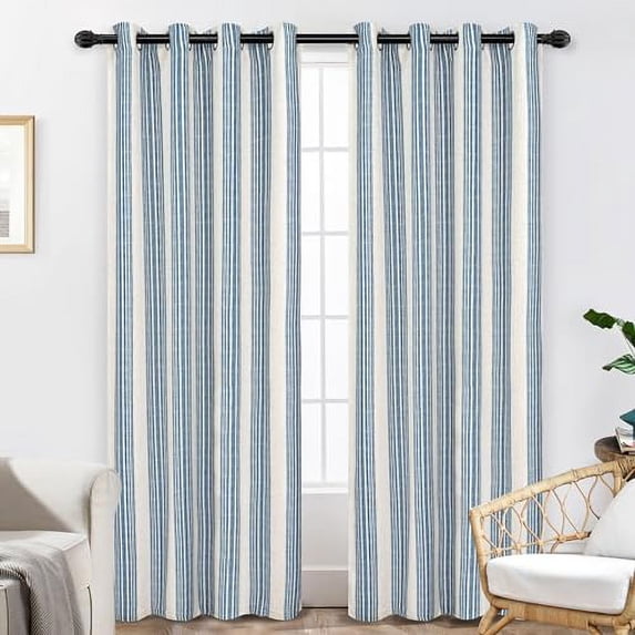 DriftAway Chris Vertical Striped Pattern Linen Blend Lined Thermal Insulated Blackout and Room Darkening Grommet Linen Curtains for Farmhouse Printed 2 Panels, 52" x 96", Jean Navy