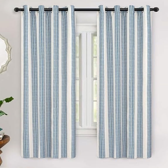 DriftAway Chris Vertical Striped Pattern Linen Blend Lined Thermal Insulated Blackout and Room Darkening Grommet Linen Curtains for Farmhouse Printed 2 Panels, 52" x 63", Jean Navy