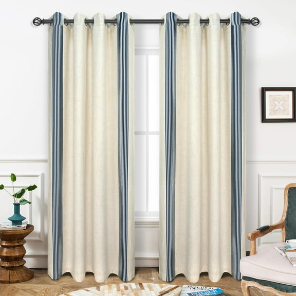 DriftAway Chris Vertical Striped Pattern Linen Blend Lined Thermal Insulated Blackout and Room Darkening Linen Curtains for Farmhouse Printed 2 Panels 52 x84 Inch Cabana Ivory Dark Blue Stripe