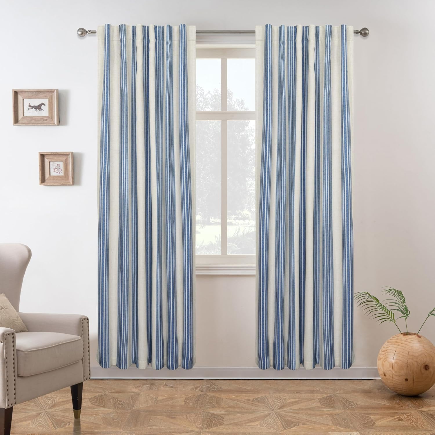 DriftAway Chris Vertical Striped Pattern Linen Blend Lined Thermal Insulated Blackout and Room Darkening Rod Pocket Back Tab Linen Curtains for Farmhouse Printed 2 Panel 52 Inch by 72 Inch Jean Navy