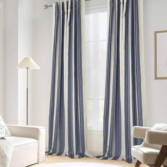 DriftAway Chris Vertical Striped Pattern Linen Blend Lined Thermal Insulated Blackout and Room Darkening Rod Pocket Back Tab Linen Curtains for Farmhouse Printed 2 Panel 52 by 120 Inch Dark Blue
