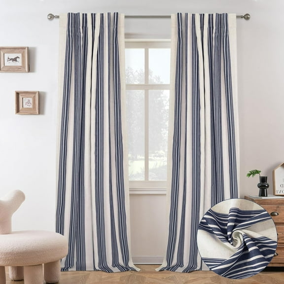 DriftAway Chris Vertical Striped Pattern Linen Blend Lined Thermal Insulated Blackout and Room Darkening Rod Pocket Back Tab Linen Curtains for Farmhouse Printed 2 Panels Dark Blue