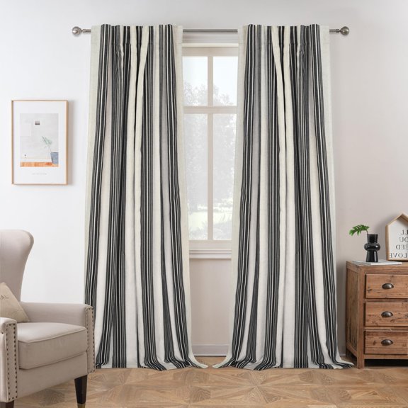DriftAway Chris Vertical Striped Pattern Linen Blend Lined Thermal Insulated Blackout and Room Darkening Rod Pocket Back Tab Linen Curtains for Farmhouse Printed 2 Panel 52 Inch by 84 Inch Black