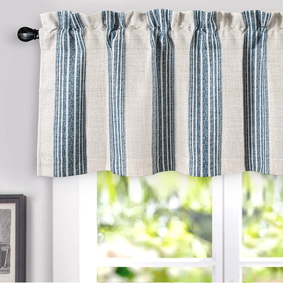 DriftAway Chris Vertical Striped Pattern Linen Textured Thermal Insulated Blackout Window Curtain Valance Rod Pocket 2 Layers Single, 52" x 14" Plus 2" Header, Jean Navy