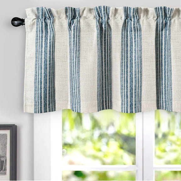 DriftAway Chris Vertical Striped Pattern Linen Textured Thermal Insulated Blackout Window Curtain Valance Rod Pocket 2 Layers Single, 52" x 14" Plus 2" Header, Jean Navy