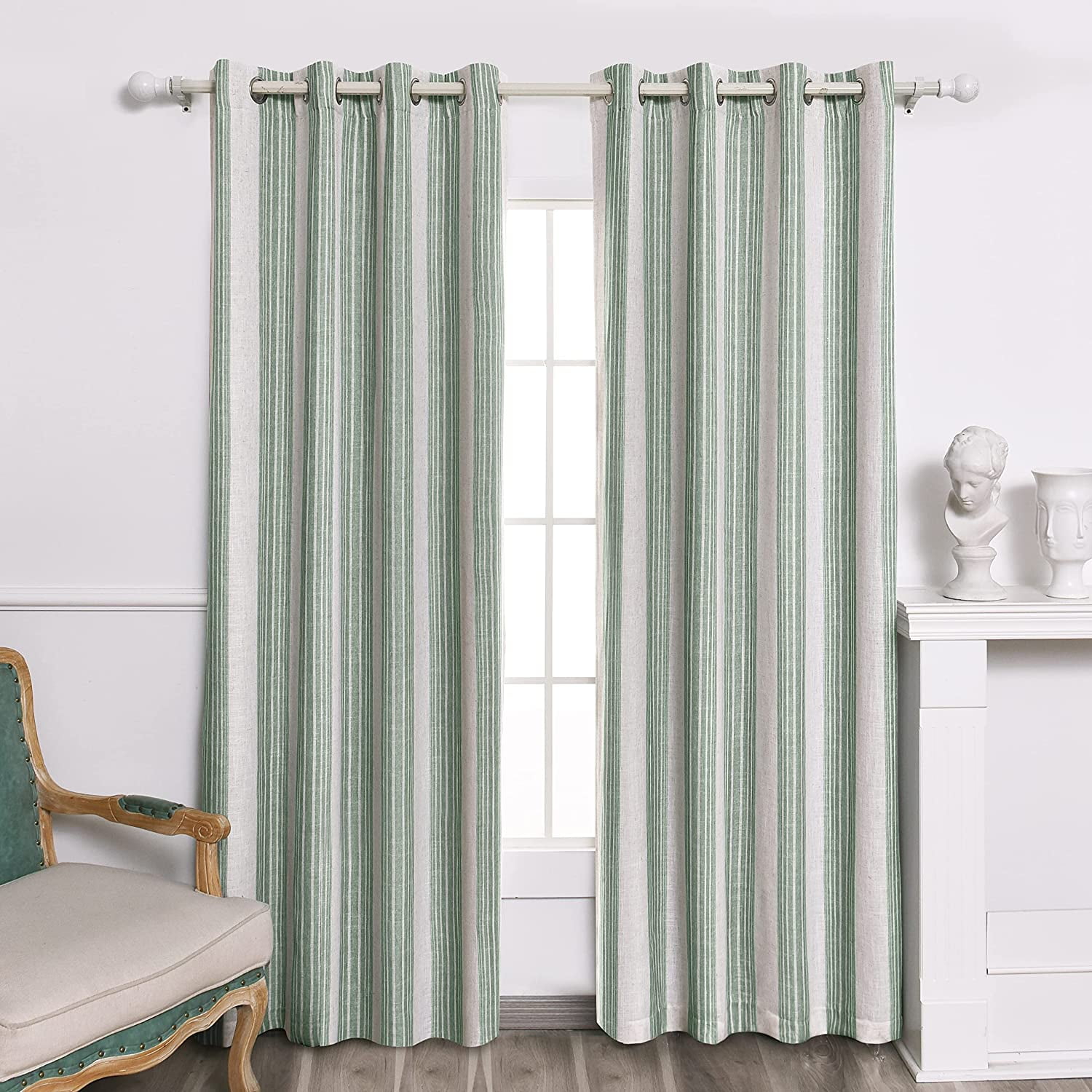 Green and Flax Linen Blend Blackout Window Panel Curtains