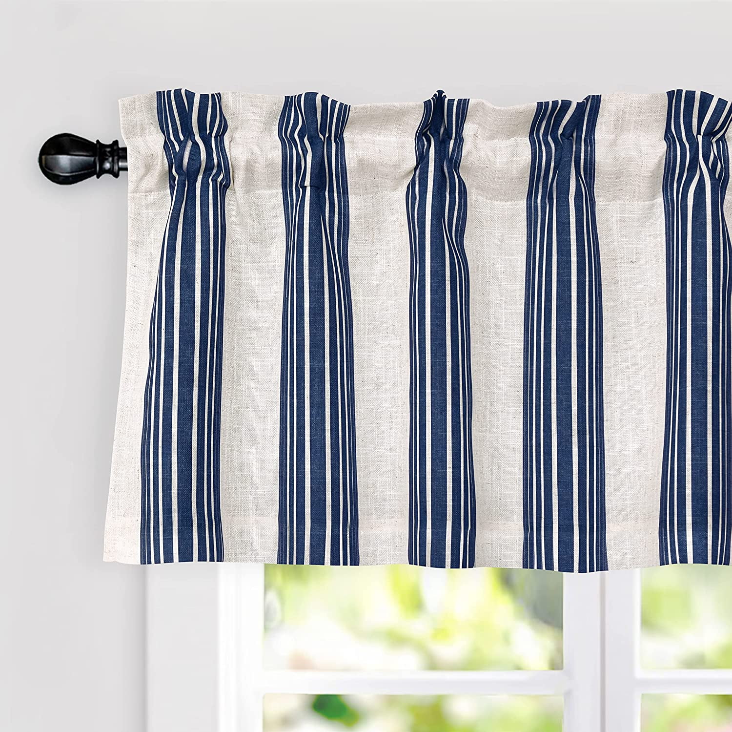 DriftAway Chris Vertical Striped Pattern Linen Textured Thermal Insulated Blackout Window Curtain Valance Rod Pocket Lined Single, 52" x 18" Plus 2" Header, Ivory Dark Blue