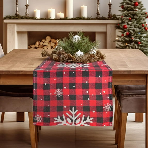 DriftAway Christmas Red Black Buffalo Check Plaid Table Runner Snowflake Table Runner Seasonal Winter Christmas Kitchen Dining Table Decoration for Indoor Outdoor Home Party 13 x 72 Inch