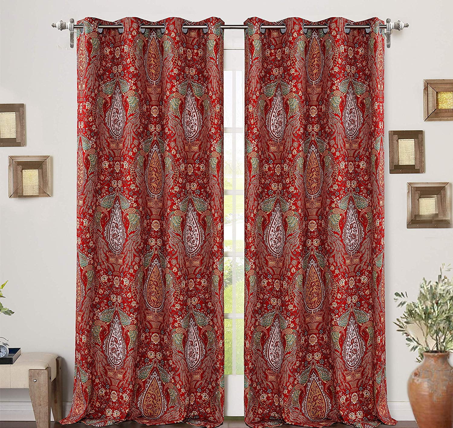 DriftAway Christopher Peacock Floral Pattern Energy Saving Thermal Insulated Blackout Window Curtain Grommet 2 Layers 2 Panels 52 Inch by 84 Inch Red