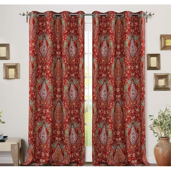 DriftAway Christopher Peacock Floral Pattern Energy Saving Thermal Insulated Blackout Window Curtain Grommet 2 Layers 2 Panels 52 Inch by 84 Inch Red