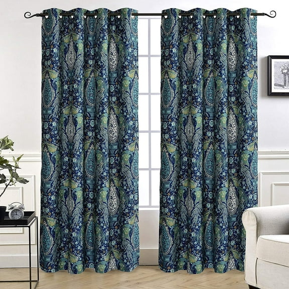 DriftAway Christopher Peacock Floral Pattern Energy Saving Thermal Insulated Blackout Window Curtain Grommet 2 Layers 2 Panels 	84"L x 52"W Teal