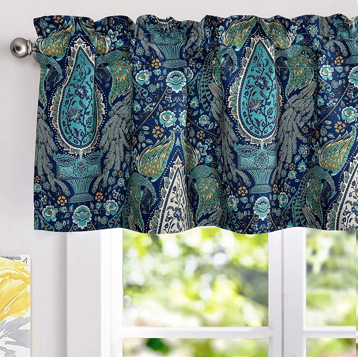 DriftAway Christopher Peacock Floral Pattern Thermal Insulated Blackout Window Curtain Valance Rod Pocket 2 Layers 18"L x 52"W Plus 2" Header Teal