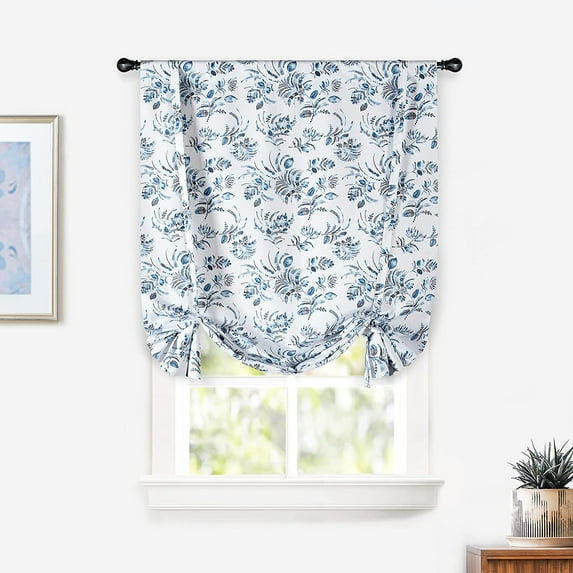 DriftAway Claire Watercolor Floral Leaves Room Darkening Tie Up Curtain for Kitchen Bathroom Small Window Adjustable Balloon Tie Up Shade Single Rod Pocket 47"L x 25"W Navy