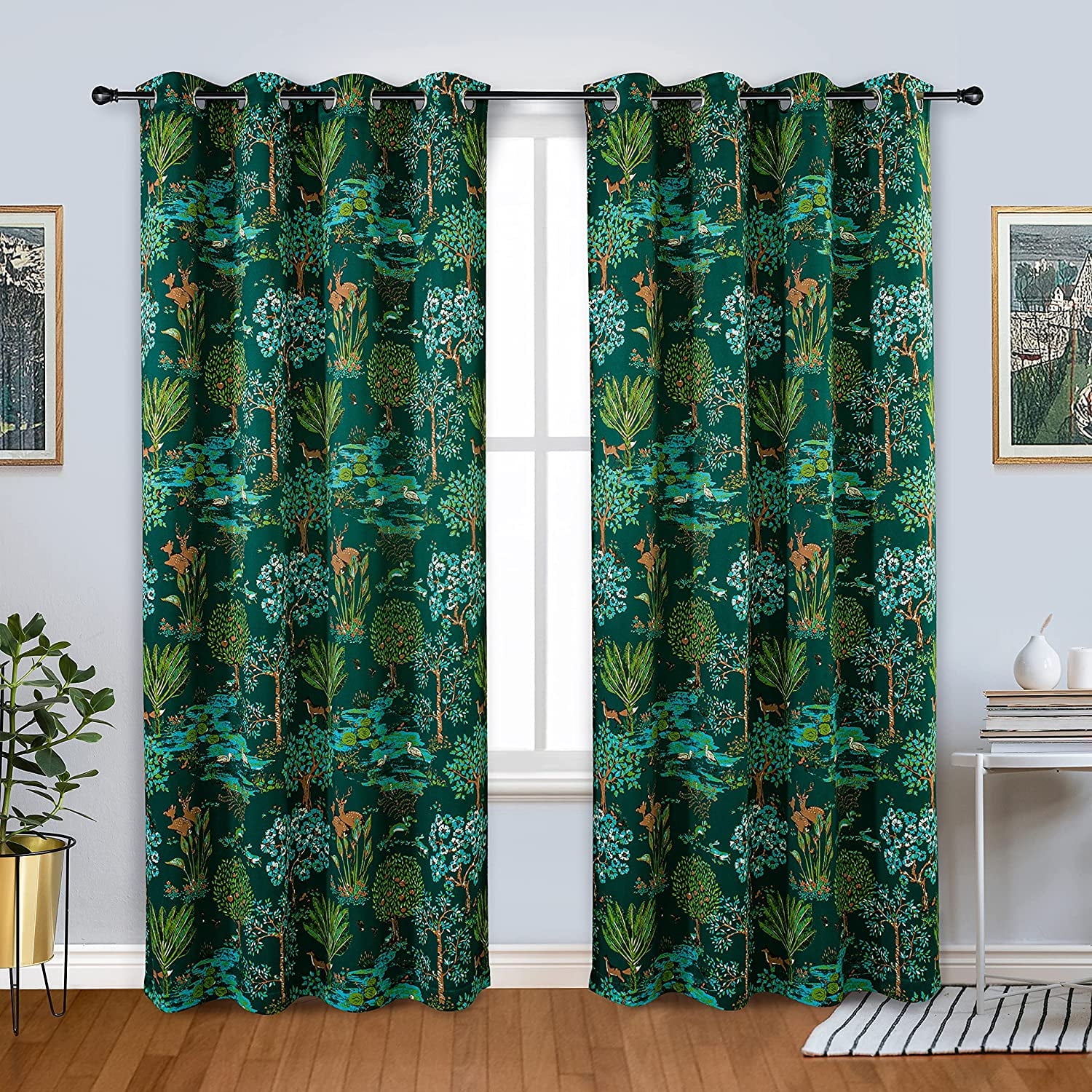 Emerald Green Woodland Forest Animals Blackout Curtains 84"