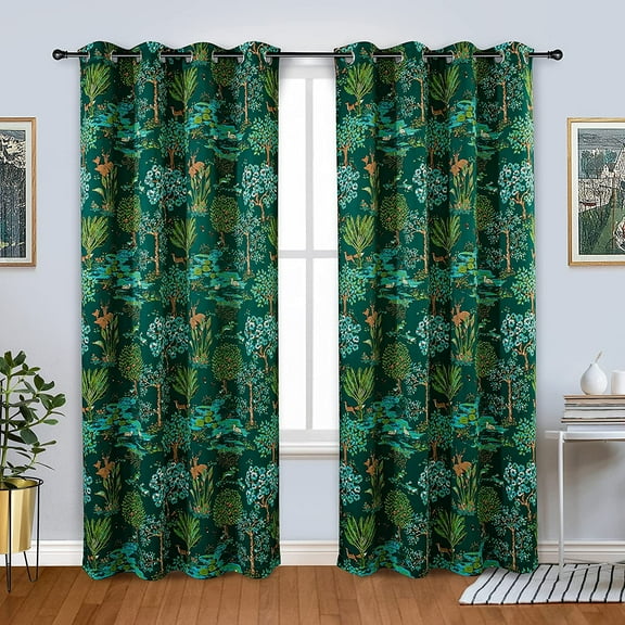 DriftAway Clara Woodland Forest Animals Printed Pattern Room Darkening Window Curtain Grommet 2 Panels 52"Wx84"L Emerald Green