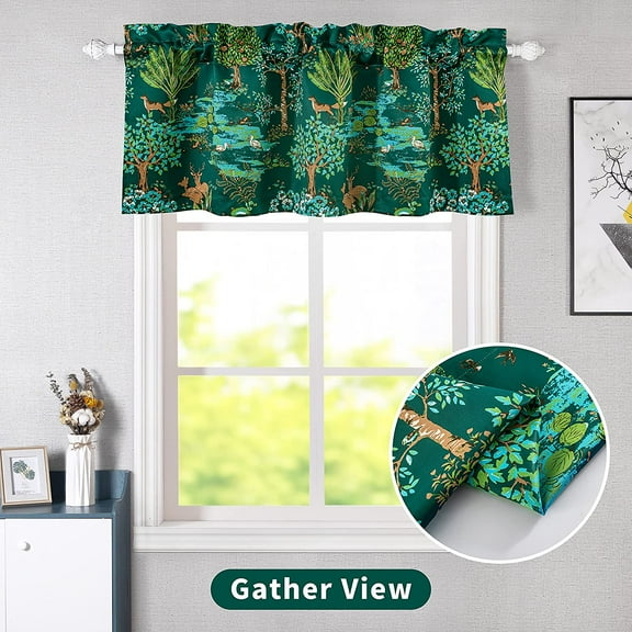 DriftAway Clara Woodland Forest Animals Printed Pattern Room Darkening Window Curtain Valance Single Rod Pocket 52"Wx18"L+2" Header Emerald Green