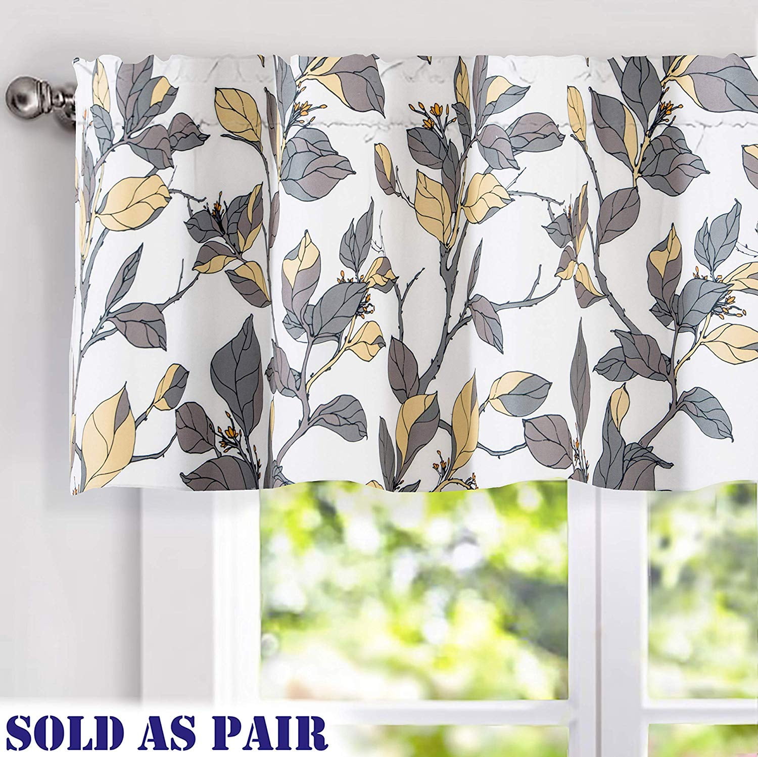 Yellow Gray Floral Rod Pocket Valance Pair