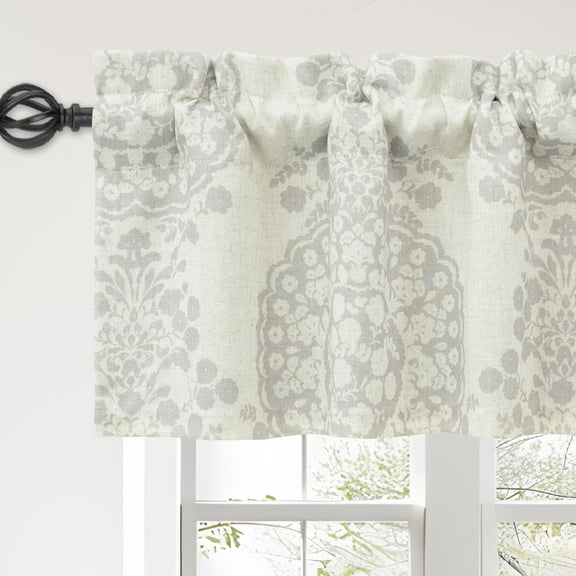 DriftAway Damask Curtains Valances for Windows Farmhouse Style Floral Medallion Patterned Samantha Kitchen Bedroom Livingroom Valance Short Curtain Single 52 Inch by 14 Inch Linen Gray