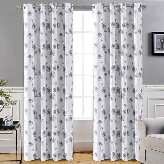 DriftAway Dandelion Floral Botanic Lined Thermal Insulated Blackout Room Darkening Grommet Energy Saving Window Curtains 2 Layers 2 Panels 96"L x 52"W Gray