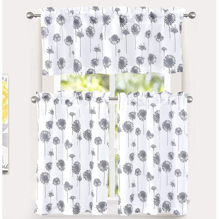 DriftAway Dandelion Floral Thermal Insulated Window Valance - 52" X 18" + 2" Header, Rod Pocket, Gray