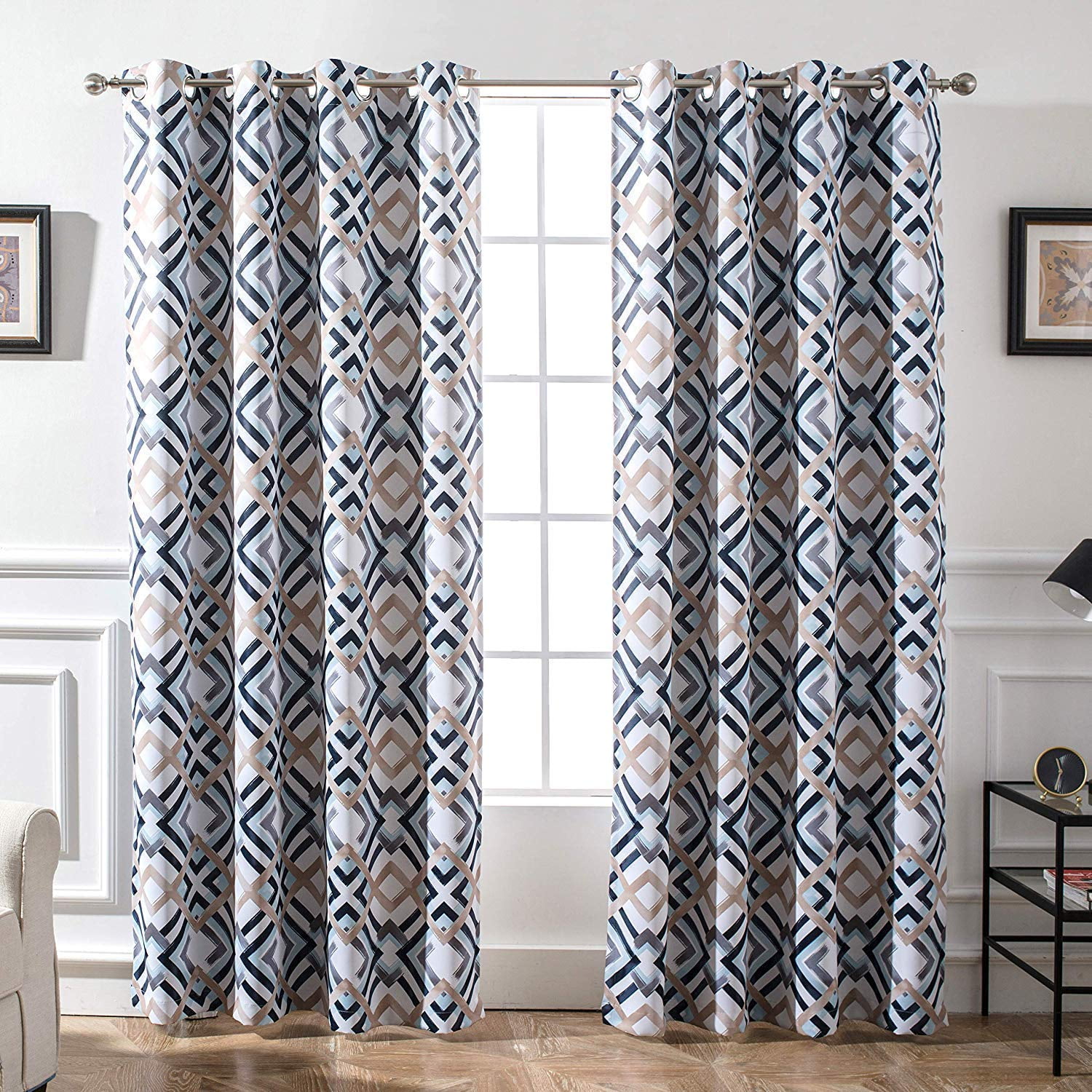 DriftAway Alexander Thermal Blackout Grommet Unlined Window Curtains Spiral  Geo Trellis Pattern Set of 2 Panels Each Size 52 Inch by 96 Inch Brown 
