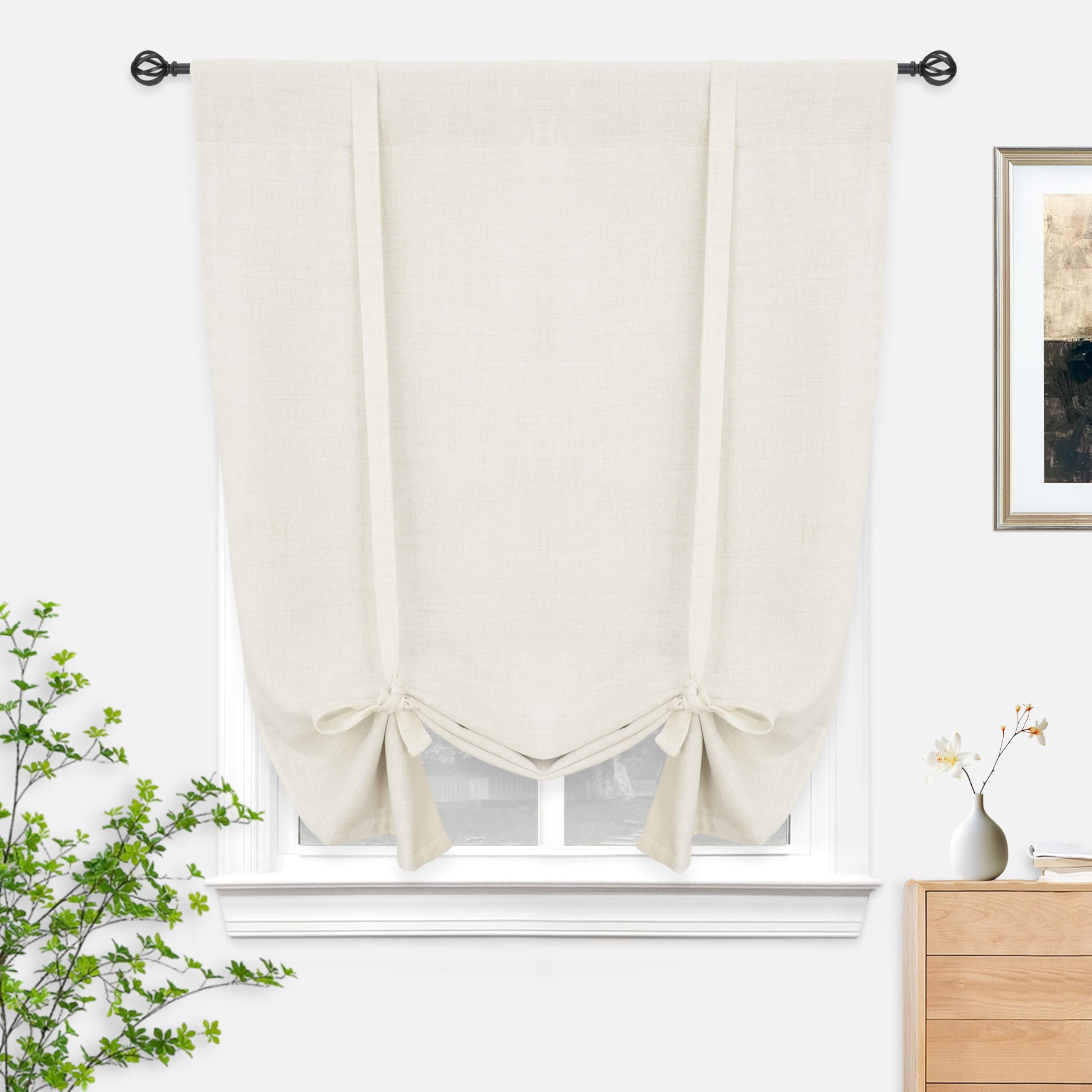 DriftAway Double Layer Linen Blackout Tie Up Curtains Thermal Insulated Fully Lined Balloon Roman Shade Bathroom Window Adjustable Rod Pocket for Small Window 39 Inch by 55 Inch Ivory Cream