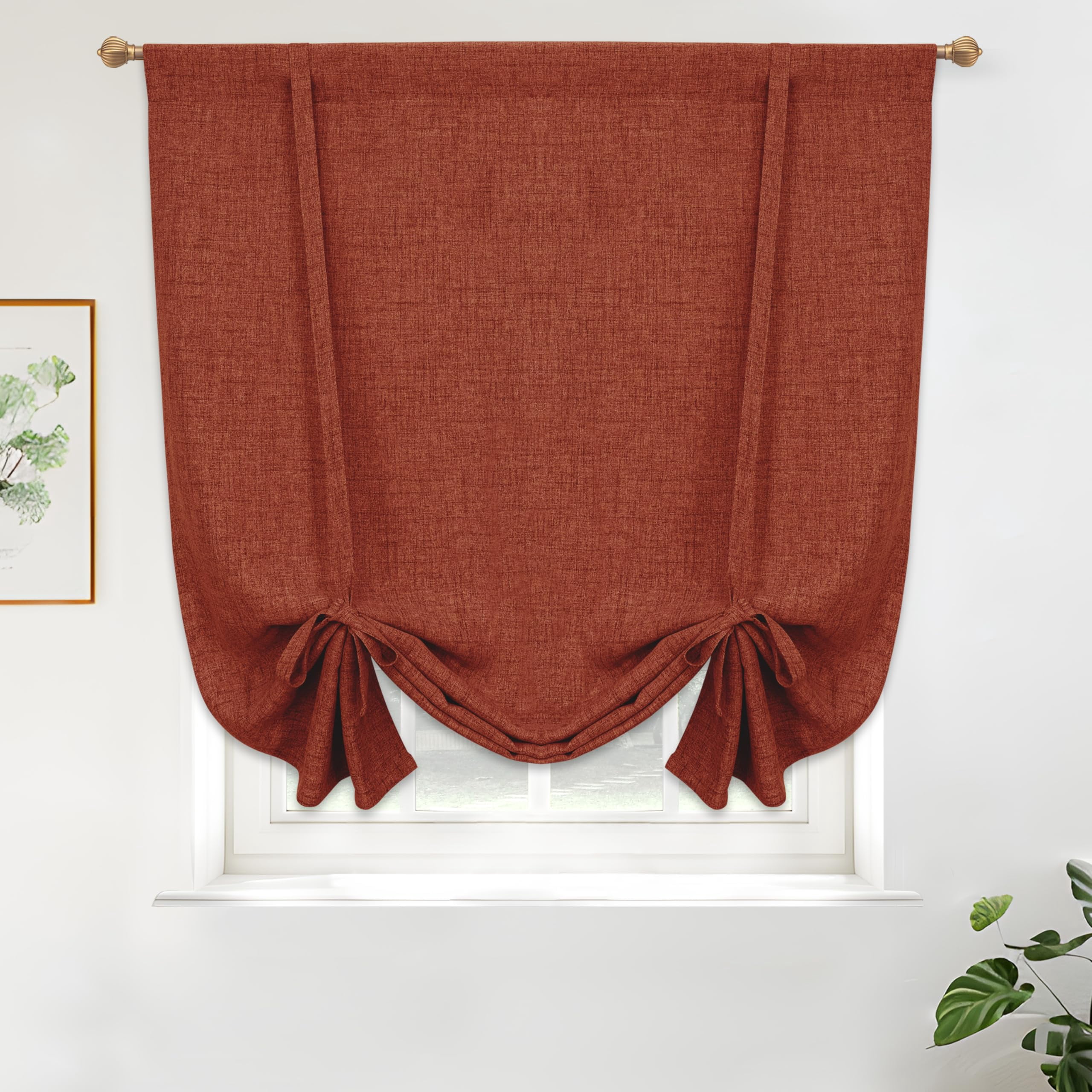 DriftAway Double Layer Linen Blackout Tie Up Curtains Thermal Insulated Fully Lined Balloon Roman Shade Bathroom Window Adjustable Rod Pocket for Small Window 45 Inch by 63 Inch Burnt Orange