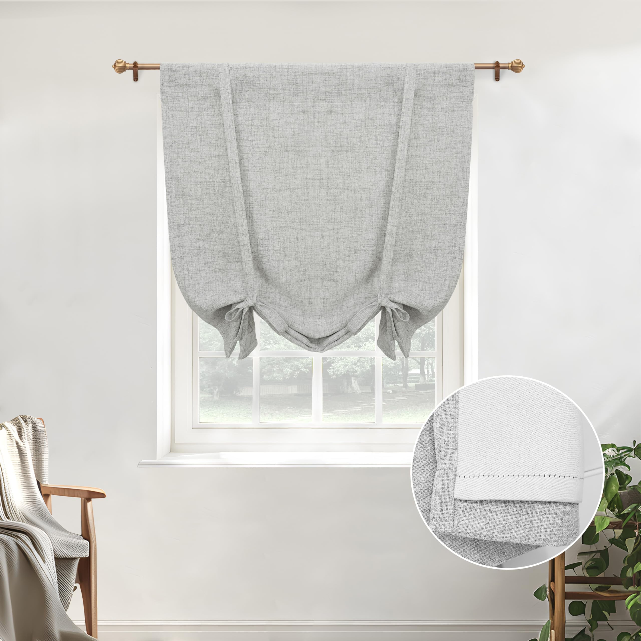 DriftAway Double Layer Linen Blackout Tie Up Curtains Thermal Insulated Fully Lined Balloon Roman Shade Bathroom Window Adjustable Rod Pocket for Small Window 25 Inch by 47 Inch Gray