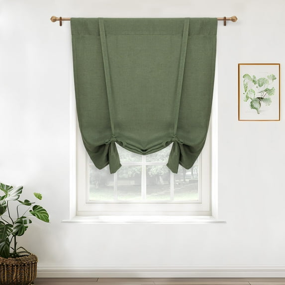 DriftAway Double Layer Linen Blackout Tie Up Curtains Thermal Insulated Fully Lined Balloon Roman Shade Bathroom Window Adjustable Rod Pocket for Small Window 25 Inch by 47 Inch Olive Green