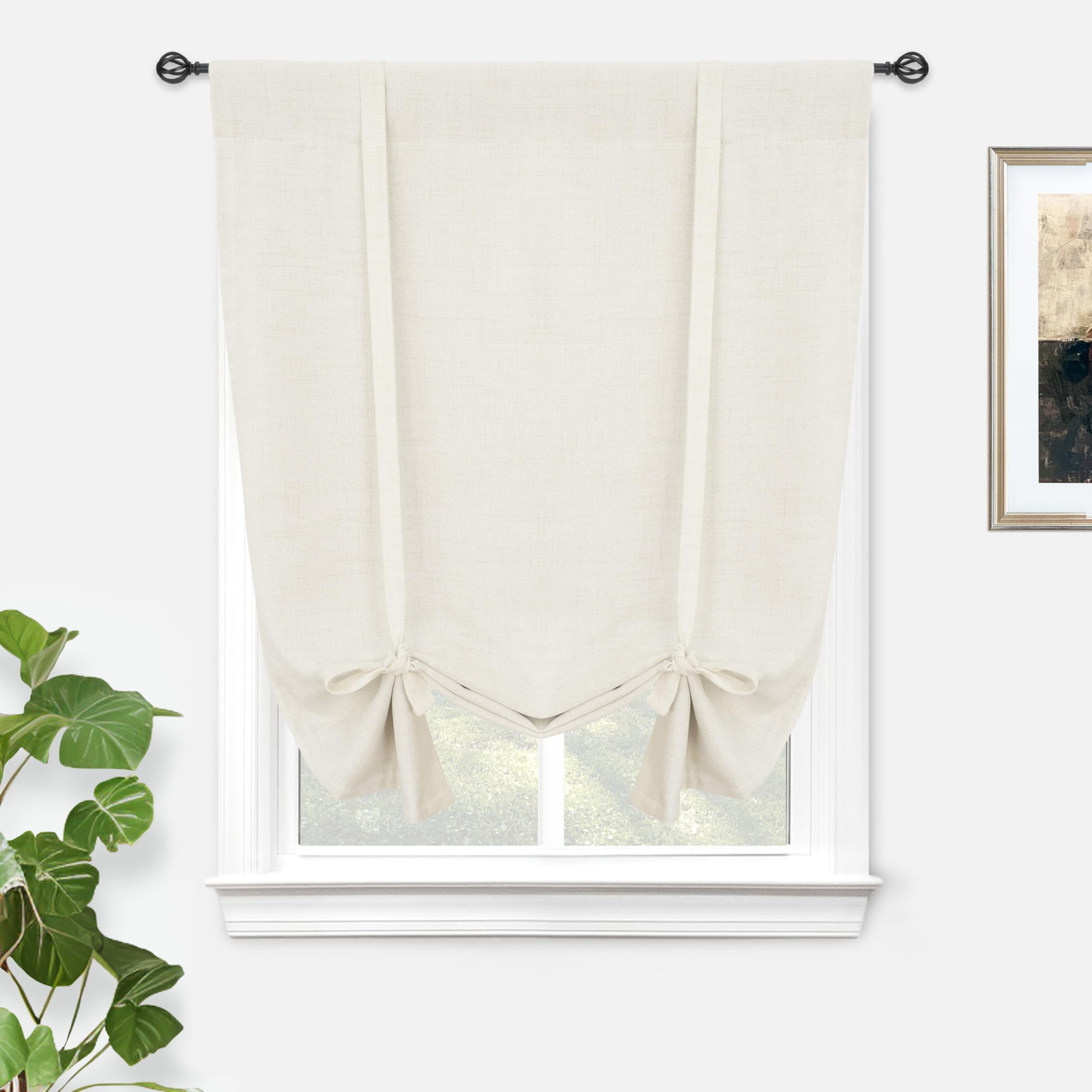 DriftAway Double Layer Linen Blackout Tie Up Curtains Thermal Insulated Fully Lined Balloon Roman Shade Bathroom Window Adjustable Rod Pocket for Small Window 31 Inch by 47 Inch Ivory Cream