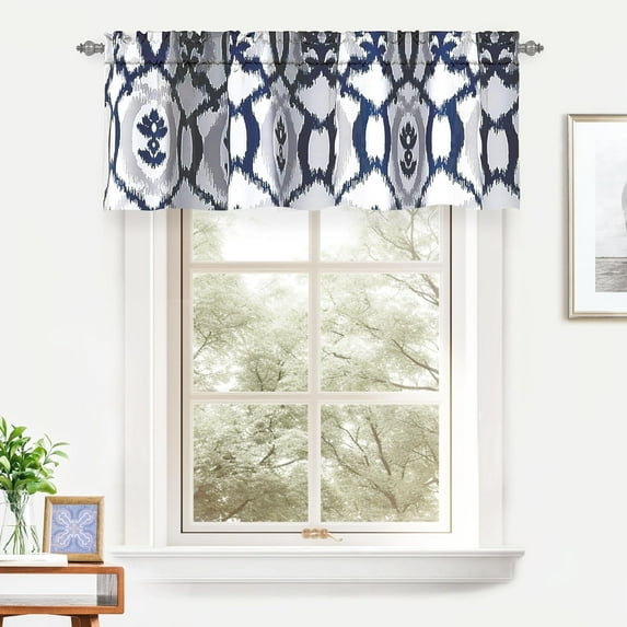DriftAway Evelyn Ikat Fleur Floral Pattern Rod Pocket Window Curtain Valance for Kitchen Living Room 52 Inch by 18 Inch Navy Blue