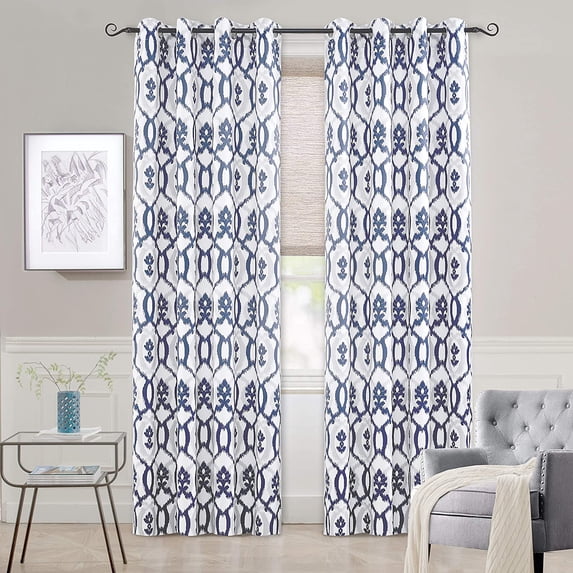 DriftAway Evelyn Thermal Room Darkening Grommet Unlined Window Curtains Ikat Floral Pattern Set of 2 Panels 108"L x 52"W Navy Blue