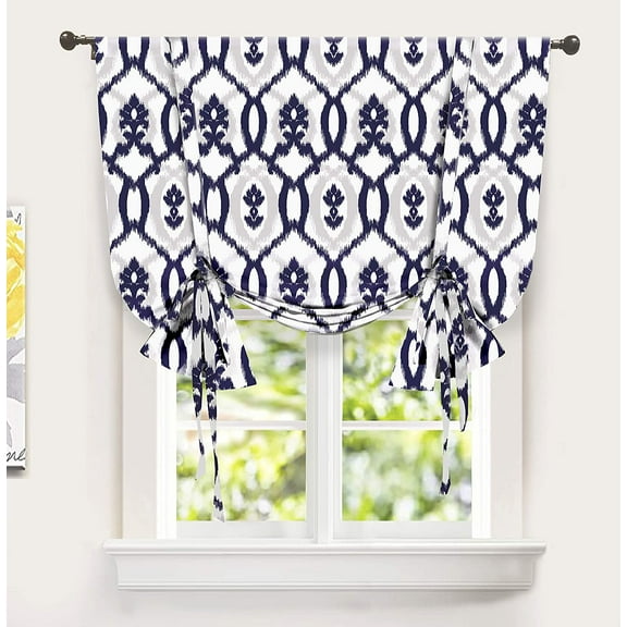 DriftAway Evelyn Tie Up Curtain Ikat Floral Pattern Room Darkening Thermal Insulated Window Curtain Adjustable Balloon Curtain for Small Window Rod Pocket 63"L x 45"W