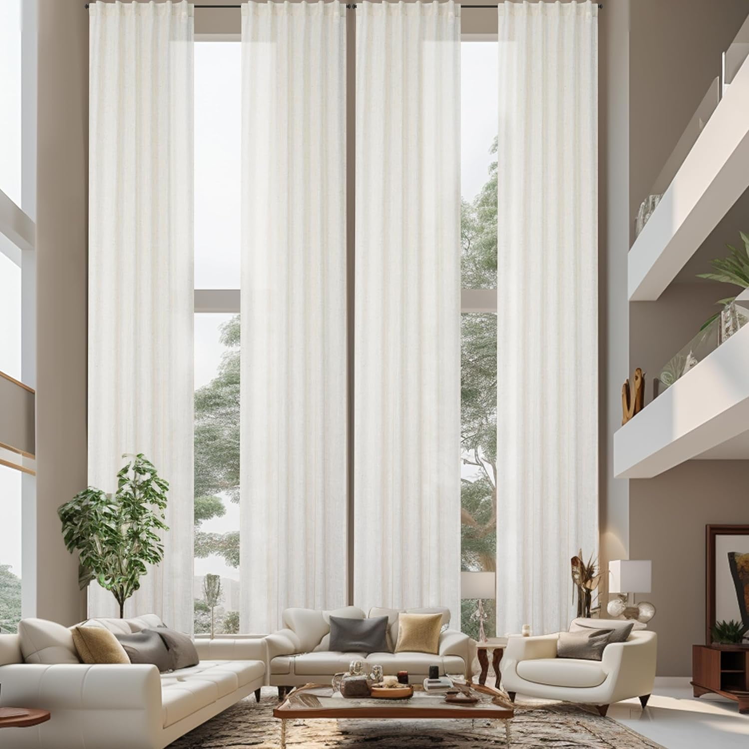DriftAway Extra Long Linen Sheer Curtains 2 Panels 2 Story House Tall Curtains for High Ceiling Long Window High Living Room Light Filtering Window Coverings Back Tab 204"L x 52"W Light Linen