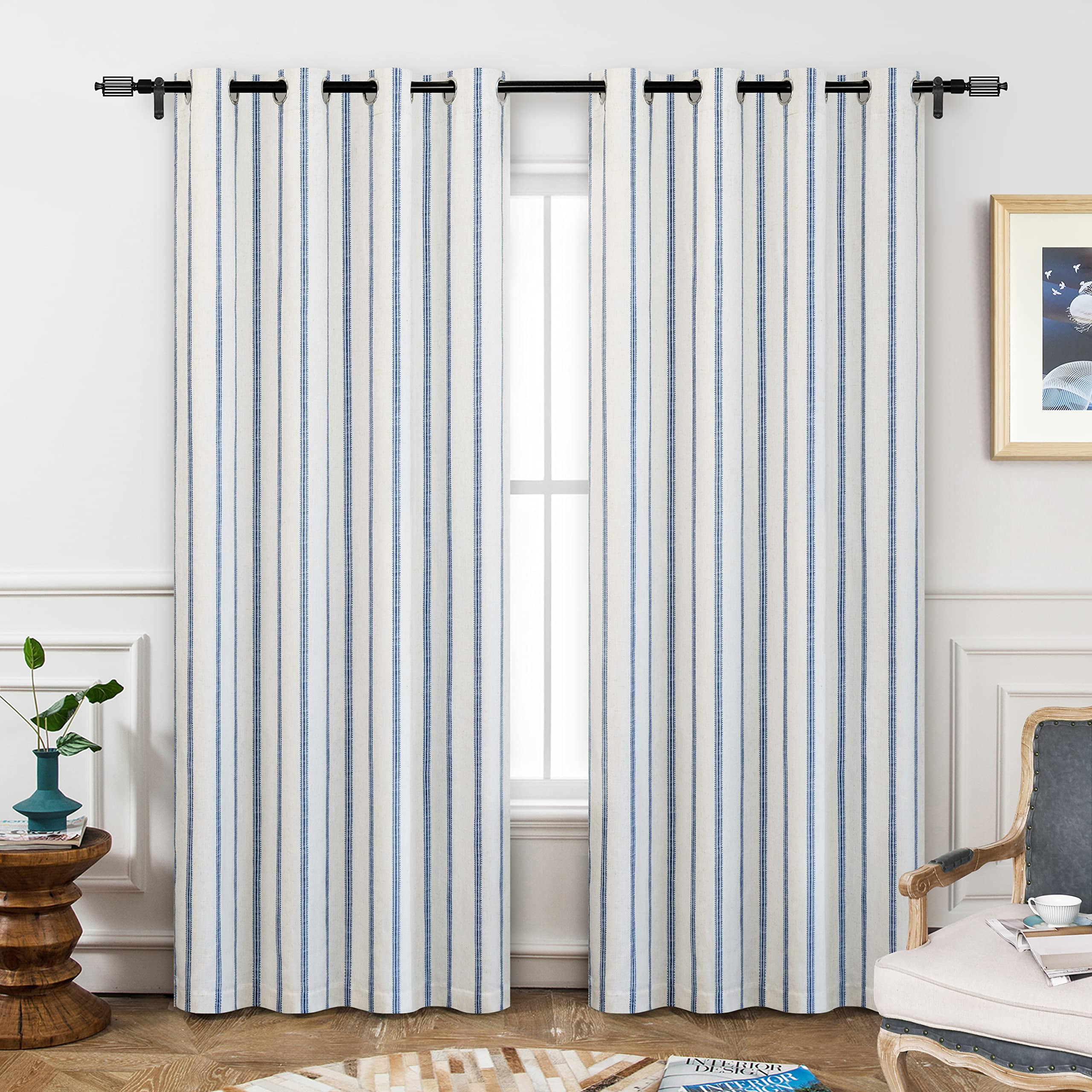 Navy and Flax Linen Blend Blackout Curtains 84 Inches Long