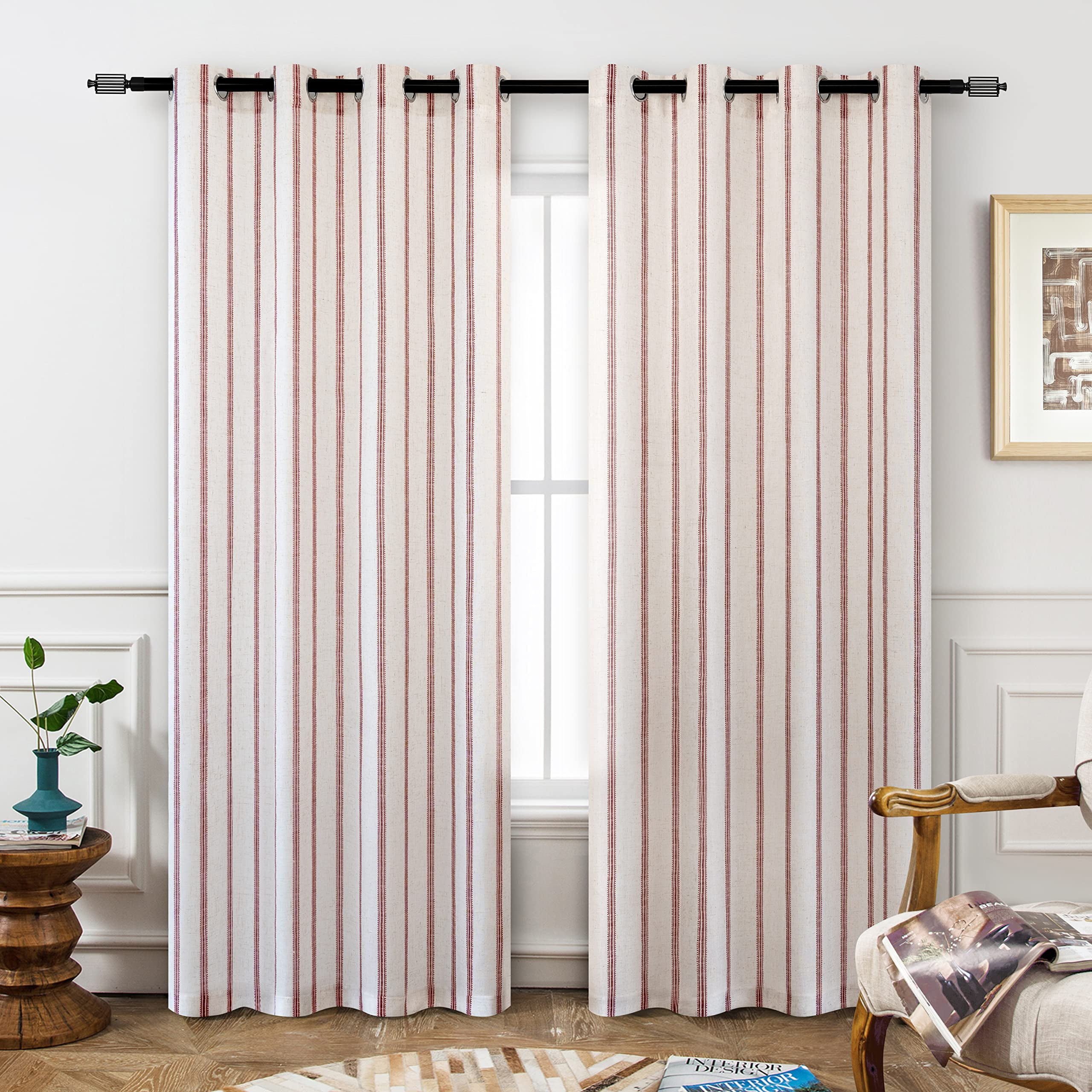 Red and Flax Linen Blend Blackout Window Panels, 84 Inches