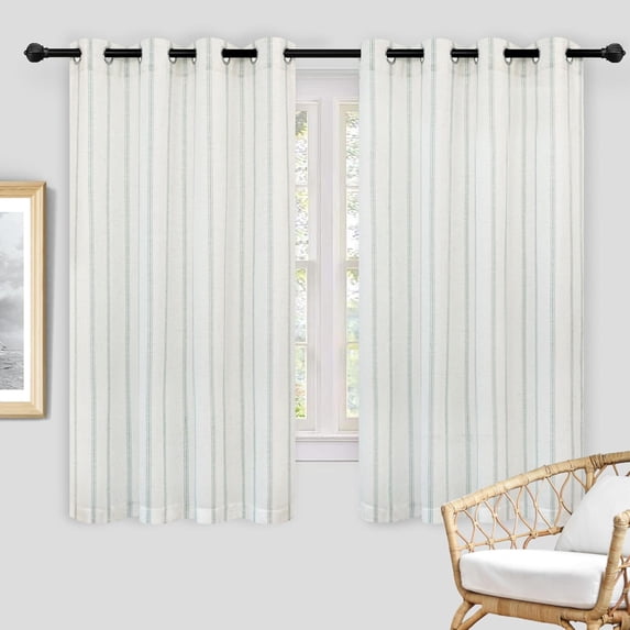 DriftAway Farmhouse Linen Blend Blackout Curtains 63 Inches Long Linen Curtains for Bedroom Vertical Striped Printed Thermal Insulated Grommet Lined Treatments for Living Room 2 Panels W52 x L63 Green