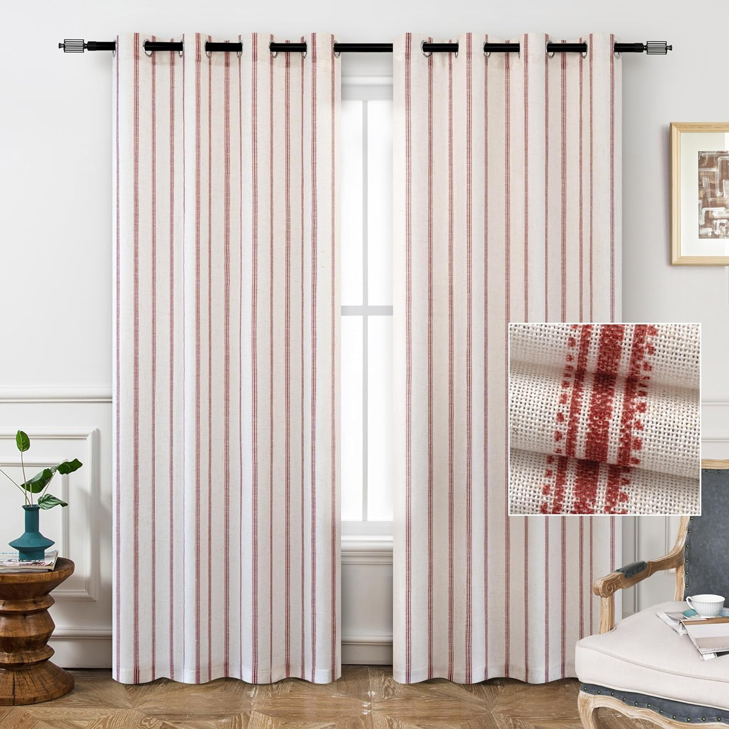 Red and Flax Linen Blend Blackout Grommet Curtains 96 Inches