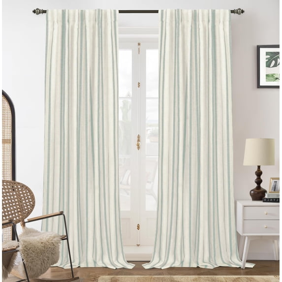 DriftAway Farmhouse Linen Blend Blackout Curtains for Bedroom Double Layers Striped Printed Linen Curtains Thermal Insulated Rod Pocket Back Tab Treatment for Living Room 2 Panels Jade Green