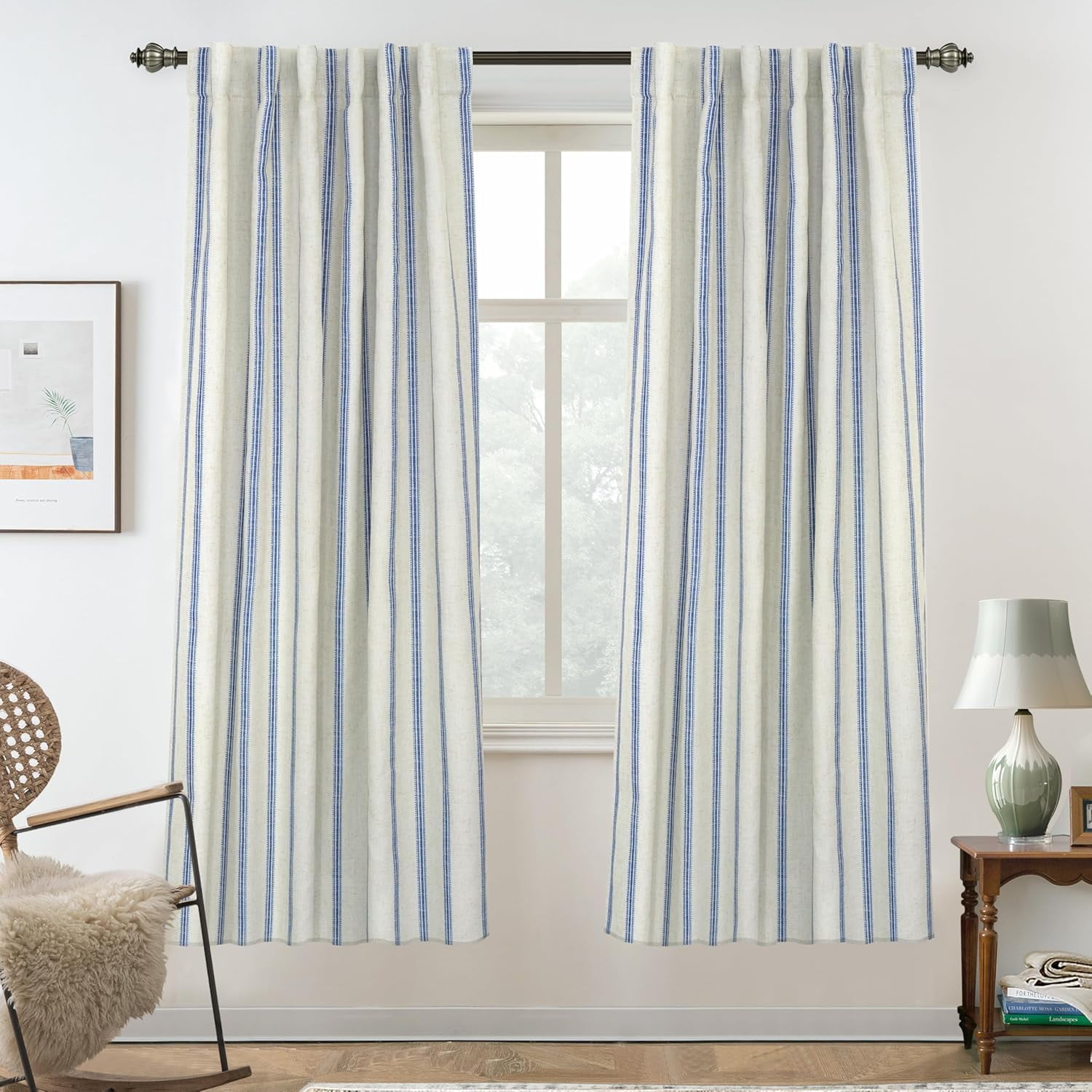DriftAway Farmhouse Linen Blend Blackout Curtains for Bedroom Double Layers Striped Printed Linen Curtains Thermal Insulated Rod Pocket Back Tab Treatment for Living Room 2 Panels W52 x L72 Navy
