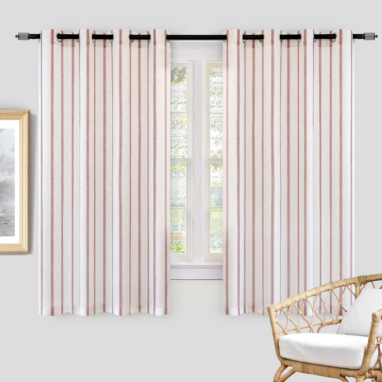 DriftAway Farmhouse Linen Blend Blackout Curtains Vertical Striped Printed Linen Curtains for Bedroom Thermal Insulated Country Rust Grommet Lined Treatments for Living Room 2 Panels W52 x L54 Red