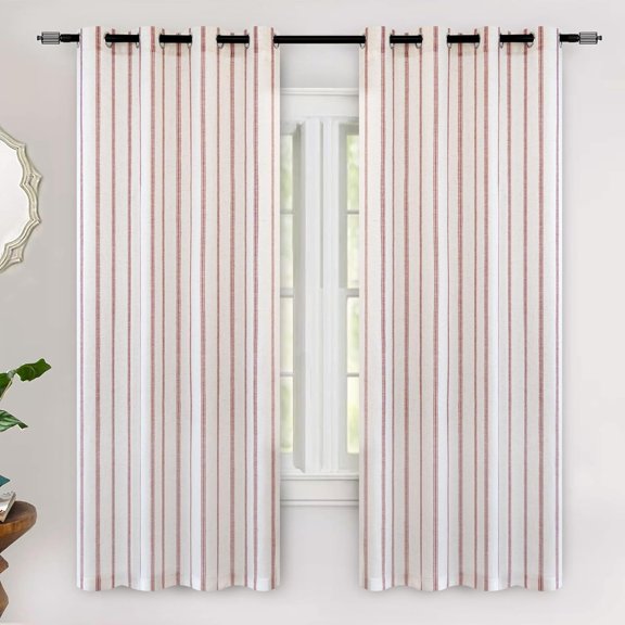 DriftAway Farmhouse Linen Blend Blackout Curtains Vertical Striped Printed Linen Curtains for Bedroom Thermal Insulated Country Rust Grommet Lined Treatments for Living Room 2 Panels W52 x L63 Red