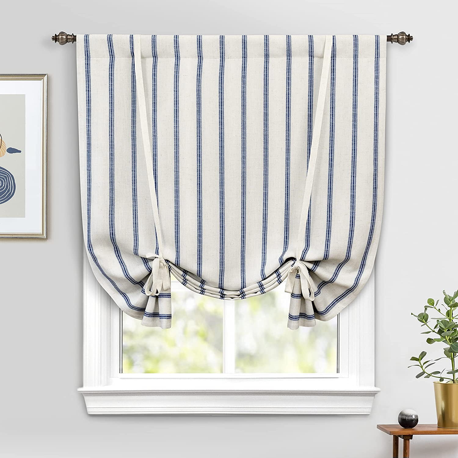 DriftAway Farmhouse Linen Blend Blackout Tie Up Curtain for Kitchen Vertical Striped Printed Tie Up Shade for Bedroom Adjustable Balloon Rod Pocket 63"L x 45"W Navy Blue